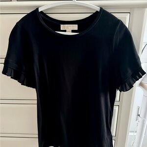 Michael Kors Black Short Sleeve Tee with Pleated Sleeve Trim